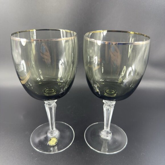 Sasaki Glass Platinum Rim Smokey Green Black Goblet Glasses Cups 7inch Set 2 VTG - Picture 9 of 11